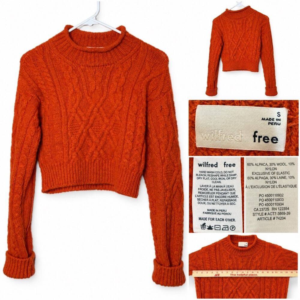 Aritzia Wilfred Free S Orange Alpaca Wool Cable Knit Cropped Sweater Rolled Neck